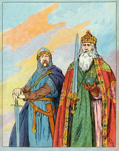 De Frankische koning Karel de Grote en de Franse ridder Roland de Roncevaux - Karel de Grote en Le Chevalier Roland (736-778) - Illustratie door François Zier (1856-1924) uit Nos-Gires-Nationales rond 1920 door Francois Edouard Zier