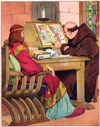 De koning van de Franken Karel de Grote (742-814) in gesprek met Alcuin (731-804), Engelse monnik uit York, voorloper van de schoolhervorming, Aken 782 door Francois Edouard Zier