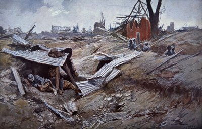 Eerste Slag aan de Somme, juni - september 1916: Franse troepen in het verwoeste dorp Dompierre door Francois Flameng