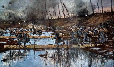 Eerste Wereldoorlog (1914-1918): de oversteek van de IJzer tijdens het Flanderenoffensief in 1917 door Francois Flameng