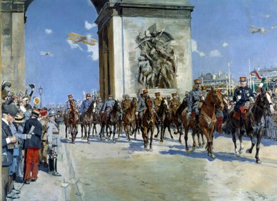 Eerste Wereldoorlog: Defilé van de overwinning op 14/07/1919 over de Champs Elysées in Parijs onder de militairen, Maarschalk Ferdinand Foch (1851-1929) en Maarschalk Joseph Joffre (1852-1931) door Francois Flameng