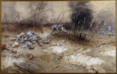 Eerste Wereldoorlog: scène van de Slag bij La Craonne op 5/04/1917 door Francois Flameng