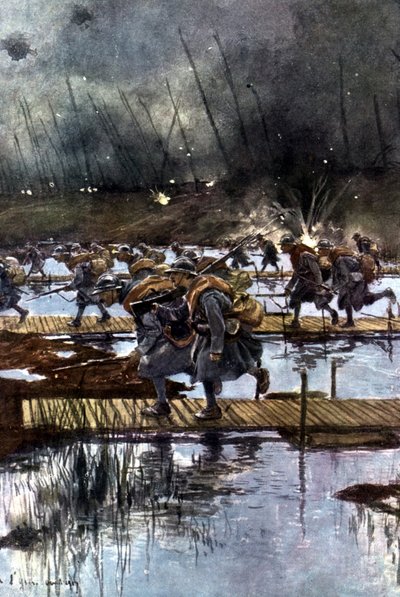 Franse 1e Infanteriekorps steekt het IJzerkanaal over, 31 juli 1917, 4.45 uur Naar schilderij van Francois Flameng (1856-1923) Frans. door Francois Flameng