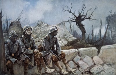 Franse troepen rusten te midden van de ruïnes van een kerk in Dompierre door Francois Flameng