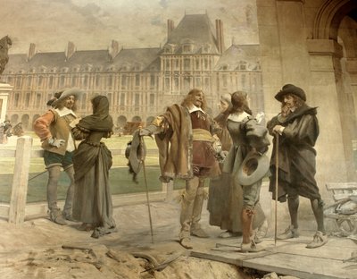 Pascal met Desargues presenteert aan Descartes zijn ervaringen over de zwaartekracht van de lucht: de jonge wiskundige Blaise Pascal (1623-1662) en Girard Desargues (1591-1661) bespreken zijn theorie over atmosferische druk met René Descartes (1596-1650) door Francois Flameng
