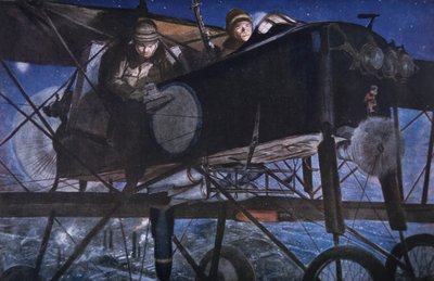 Bij de Franse Luchtmacht, een nachtelijke bombardement door een Voisin tweedekker door Francois Flameng