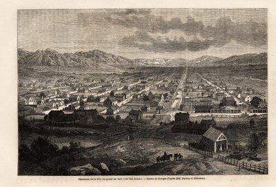 Panorama van de stad van het grote vieze meer, met de heiligen (Utah), tekening door Ferogio, ter illustratie van Richard Burton