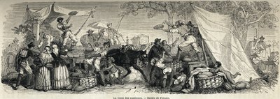 De verkoop van watermeloenen, tekening door Ferogio, ter illustratie van Napels en de Napolitanen, in 1861, door Marc Monnier (1829-1885). Gravure in 