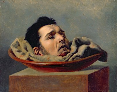 Onthoofd hoofd van een vadermoordenaar geëxecuteerd in Puy in 1825 door Francois Gabriel de Becdelievre