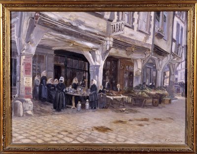 Markt onder de arcades in Dinan - door F. Gombeaux, eind 19e eeuw door Francois Gombeaux
