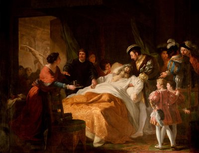 De dood van Leonardo da Vinci in de armen van Frans I, 1781 door Francois Guillaume Menageot