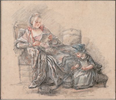 Vrouw die leest en een meisje dat speelt Markiezin de Pompadour met haar dochter Alexandrine, ca. 1748 door Francois Guérin