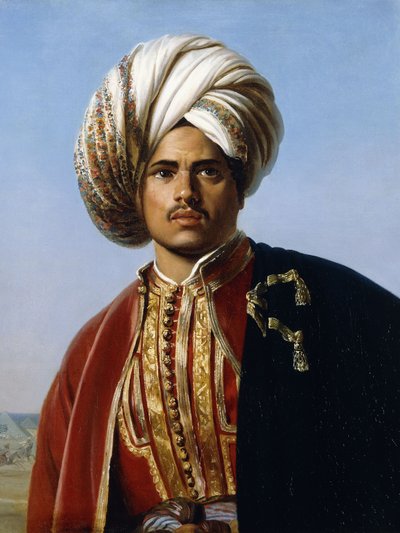 Portret van een Ottomaanse prins, halve lengte, in rood en goud door Francois Henri Alexandre La Fond
