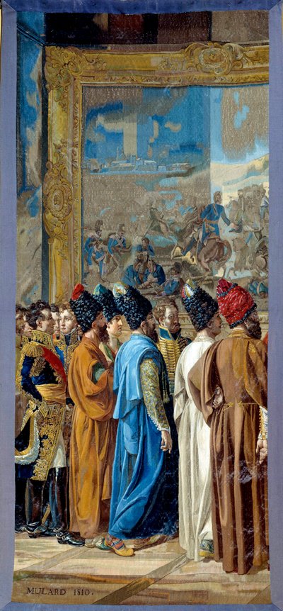 Napoleon I (1769-1821) ontving in het kasteel van Finkenstein in Polen, ambassadeur van de sjah van Perzië Georges Outrey, vice-consul van Frankrijk in Bagdad, presenteert Mohammed Mirza Reza. Wandtapijt gemaakt door de werkplaats van de Gobelins door Fran door Francois Henri Mulard