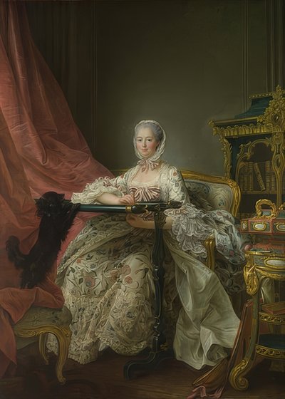 Madame de Pompadour (1721-1764) aan het borduurraam. 1763-64 door Francois Hubert Drouais