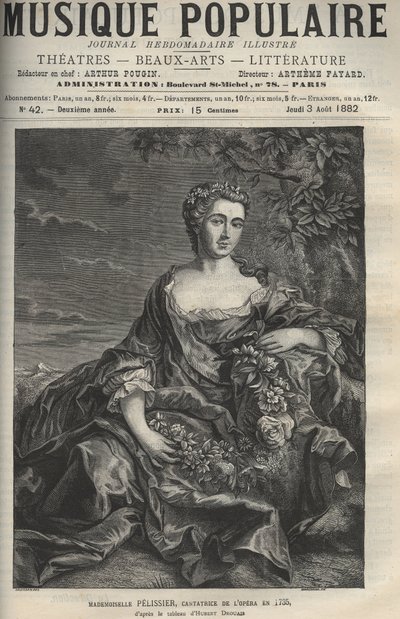 Portret van Marie Pelissier (1707-1749), Franse operazangeres - gravure naar het schilderij van Hubert Drouais - gravure in 