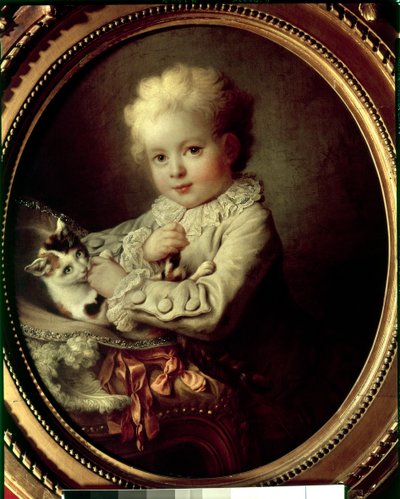 Portret van een jonge jongen die met een kat speelt door Francois Hubert Drouais