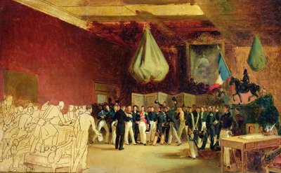 De Kamer van Afgevaardigden presenteert aan de Hertog van Orléans, Louis Philippe I (1773-1850), de akte die hem oproept tot de troon en het Handvest van 1830, in het Koninklijk Paleis, 7 augustus 1830 door François Joseph Heim
