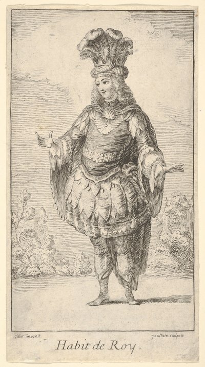 Habit de Roy: een man met een tonnelet versierd met rozetten, een kroon en een tulband door Francois Joullain