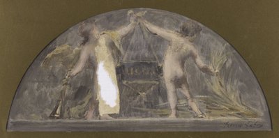 Schets voor de eetkamer van het Stadhuis van Parijs, een kind met een trompet en het andere met een schoven die een grote doos optilt door Francois Lafon