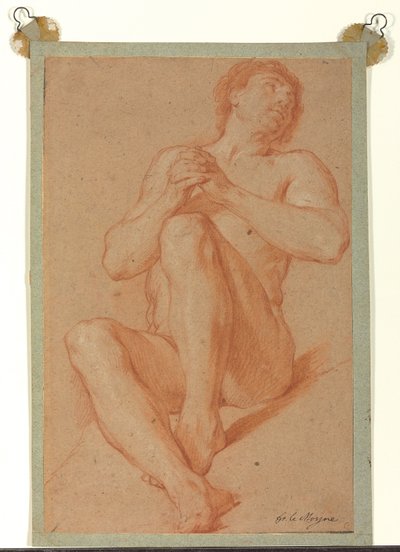 Een zittende academische naakt met gevouwen handen, ca. 1723-24 (rood & wit krijt op lichtbruin papier) door François Lemoyne