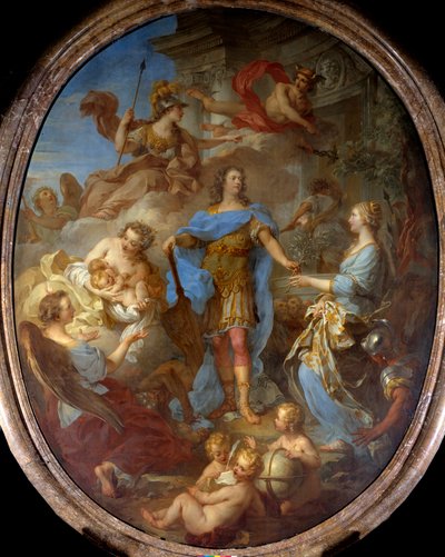 Koning Lodewijk XV (1710-1774) brengt vrede aan Europa. Allegorie ten tijde van het Verdrag van Sevilla, de godin Minerva is afgebeeld. Schilderij door François le Moyne (1729) door François Lemoyne