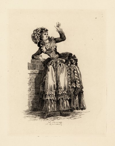 Modieuze vrouw in bonnet à la Nicolet, tijdperk van Marie Antoinette door Francois Louis Joseph (after) Watteau