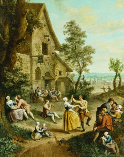 Boeren Dansen en Feesten Voor een Herberg, een Ommuurde Stad Verderop door Francois Louis Joseph Watteau