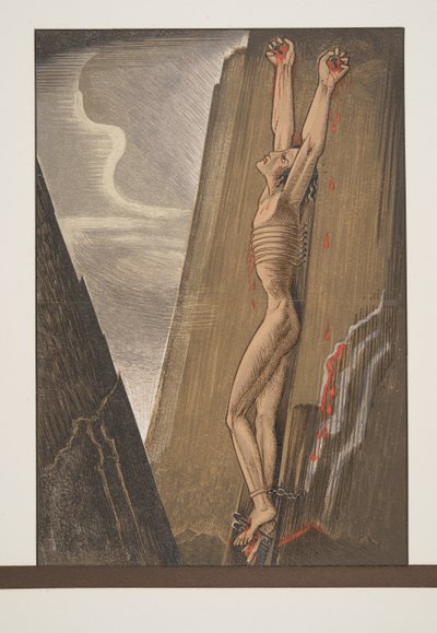 Prometheus aan de Rots genageld, uit Prométhée Enchaîné van Aeschylus, uitgegeven 1941 door Francois Louis Schmied