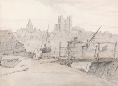 Zuidoostelijk uitzicht op Rochester Castle en de kathedraal door Francois Louis Thomas Francia