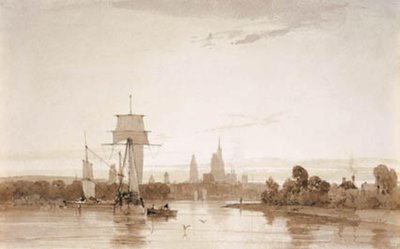 Uitzicht vanaf de Seine naar de kathedraal van Rouen en de stad. Ochtend door Francois Louis Thomas Francia