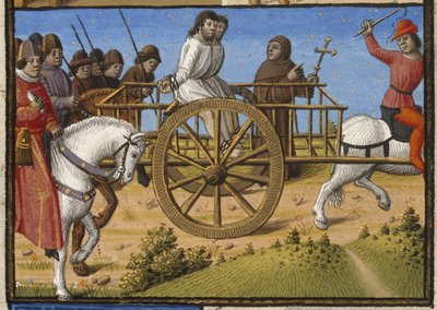 Harley 4375, f.140 Twee gevangenen in een kar die naar de executie worden gebracht, vergezeld door een priester, illustratie uit 