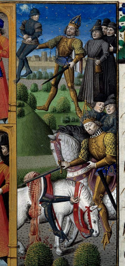 Scènes uit het leven van Karel de Grote (742-814) Koning van de Franken: gevechtsscène. Aap. Miniatuur uit het manuscript “Speculum historiale” (Le Mirror historial) door Vincent de Beauvais (1184/94-1264) verlucht door Meester Francois door Maître François
