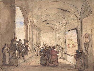 Een kardinaal onderzoekt een schilderij in een klooster door Francois Marius Granet