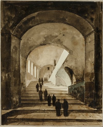 Monniken op de Trap van de Villa van Maecenas in Tivoli door Francois Marius Granet