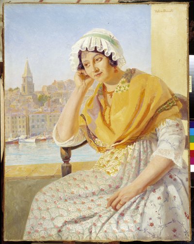 Mevrouw Contencin op het terras quai de Rive-Neuve in Marseille door Francois Marius Valere Bernard