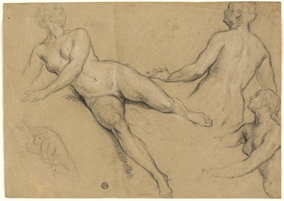 Blad met studies: Drie vrouwen en een hand (recto); Schetsen van mannelijke naakten, hoofden en handen (verso) door Francois Marot
