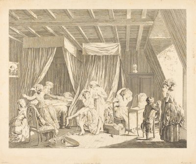 Het opstaan van de modearbeiders door Francois Nicolas Barthelemy Dequevauviller after Nicolas Lavreince