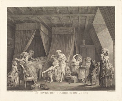 Het opstaan van de modearbeidsters door Francois Nicolas Barthelemy Dequevauviller after Nicolas Lavreince