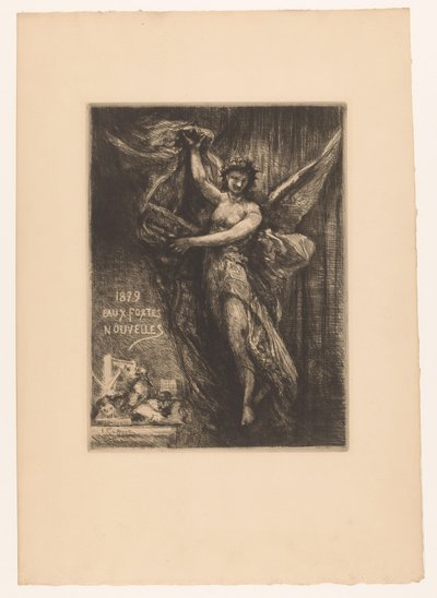 Titelprent met engel en drukpers door Francois Nicolas Chifflart