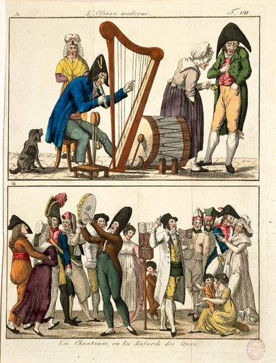 Karikatuur van moderne Ossian en van straatzangers, door Francois Nicolas Martinet door Francois Nicolas Martinet