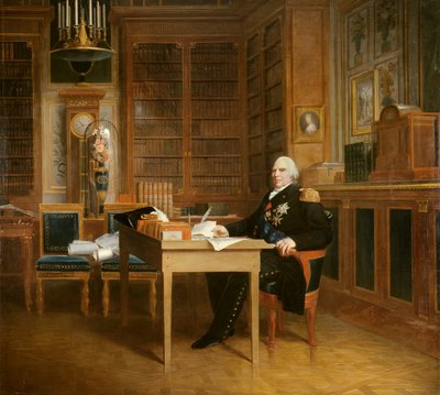 Portret van Lodewijk XVIII (1755-1824) mediterend over het Handvest in zijn kantoor in de Tuilerieën door Baron François Pascal Simon Gérard