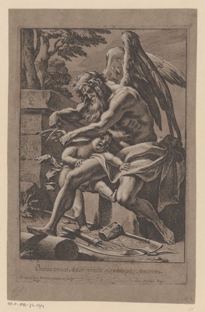 Tijd knipt de vleugels van Amor (Omnia vincit Amor, vincit mox tempus Amorem) door Francois Perrier