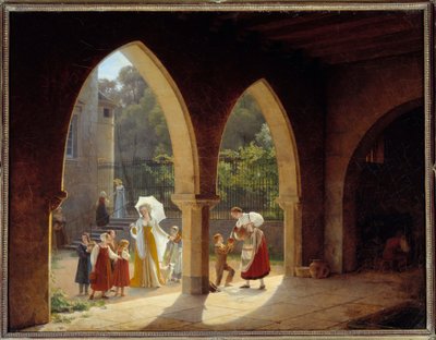 Madame Elisabeth van Frankrijk (1764-1794), zus van Lodewijk XVI helpt bij de melkuitdeling in haar huis in Montreuil nabij Versailles door Francois Richard Fleury