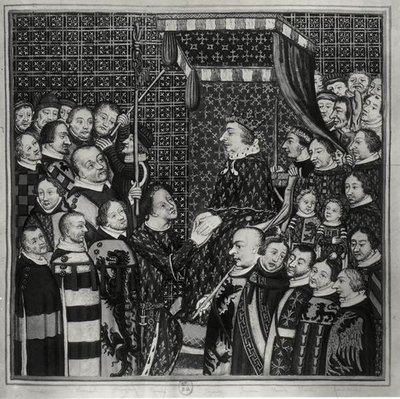 Louis II (1337-1410) Graaf van Clement, brengt hulde aan Karel V (1338-80) kopie van een 14e-eeuwse miniatuur door Francois Roger de Gaignieres