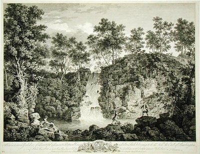 Uitzicht op een waterval in Bolton Park, Craven, Yorkshire, gepubliceerd 1753 (gravure) door Francois Vivarez