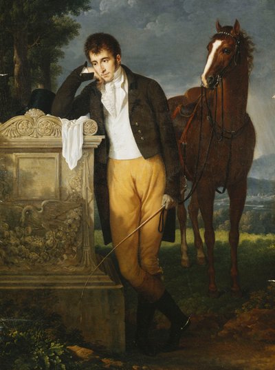 Portret van Don Luigi Grimaldi, prins van Santa Cruce, markies de Pietro Vajrana de Monaco et Genes, leunend op het graf van zijn verloofde Fanny, markiezin de Grimaldi, 1804 door Francois Xavier Fabre