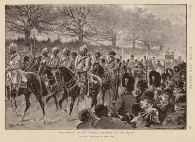 Koningin Victoria en de processie door Hyde Park om het Imperial Institute te openen (gravure) door Frank (after) Feller