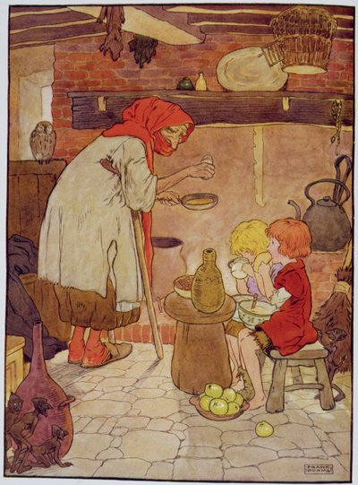 Hans en Grietje worden gevoed door de Heks, illustratie uit 