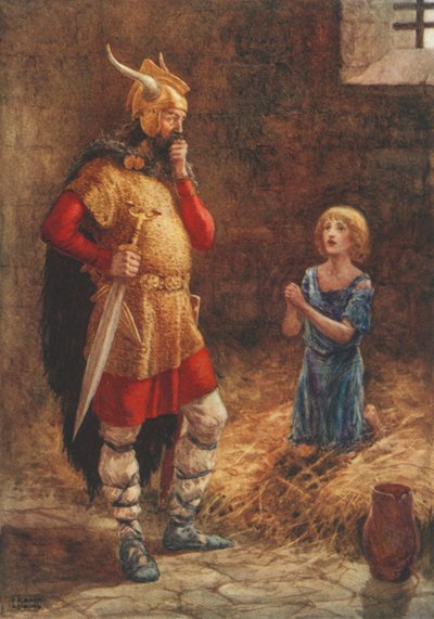 Havelok smeekt om genade van Godard, uit de oude ballade Havelok de Deen (kleur litho) door Frank Adams